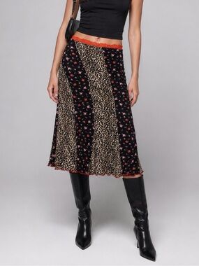 Vintage MORGAN DE TOI Y2K Rose Floral Leopard Patchwork midi Skirt -small.